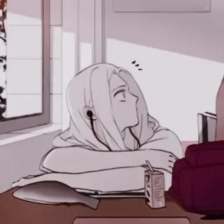 ✖️ Stile anime, Studente, Banco di scuola, Cuffie, Monocromo telegram sticker