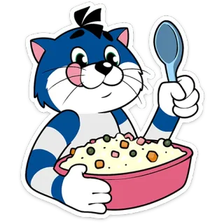🥗 gato, dibujo animado, comida, tazón, cuchara, animal, personaje telegram sticker