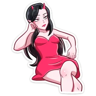 😒 diablo, chica, cuernos, vestido rojo, dibujos animados, mujer telegram sticker