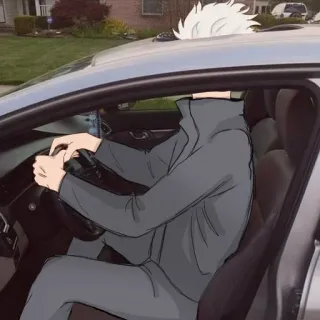 〰 conduite, voiture, style anime, personne, gris, illustration telegram sticker