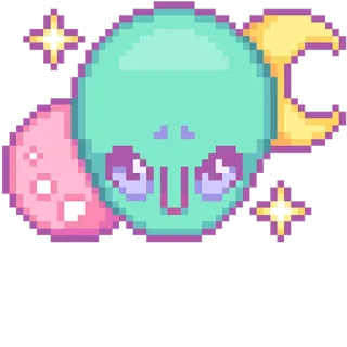 👽 Người ngoài hành tinh, Pixel art, Dễ thương, Kawaii, Màu pastel, Mặt trăng, Các ngôi sao telegram sticker