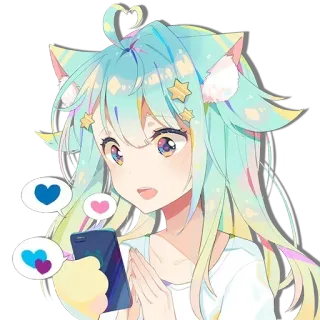 😍 Anime, Mädchen, Katzenohren, Smartphone, Kawaii, Süß, Herzen, Illustration whatsapp sticker