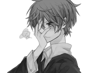 😳 Anime, Chico, Triste, Flor, Blanco y negro telegram sticker