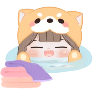 😼 menina, chapéu de cachorro, banheira, fofo, kawaii telegram sticker