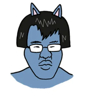 😞 мультфильм, кошачьи уши, синий, очки, персонаж, рисунок telegram sticker