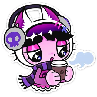 ⭐ Anime, Dibujos animados, Lindo, Café, Invierno, Bufanda, Auriculares telegram sticker