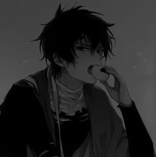 〰️ anime, guy, donut, eating, black and white, monochrome telegram sticker