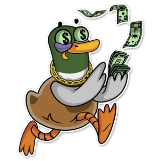🤑 kaczka, pieniądze, kreskówka, dolary, złoty łańcuch, bogactwo, gotówka telegram sticker