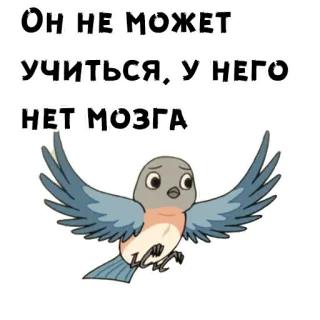 😟 ОН НЕ МОЖЕТ УЧИТЬСЯ. У НЕГО НЕТ МОЗГА pájaro, dibujos animados, triste, ruso, cita, sin cerebro telegram sticker