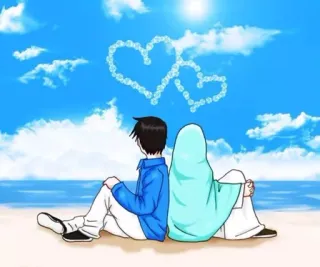 💍 pareja musulmana, amor, corazones, playa, océano, dibujos animados whatsapp sticker