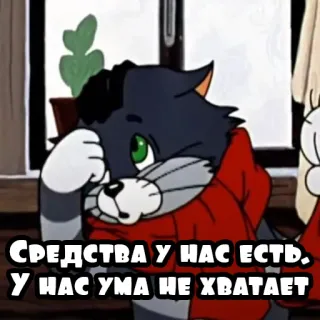🧠 СРЕДСТВА У НАС ЕСТЬ.
У НАС УМА НЕ ХВАТАЕТ cat, cartoon, russian, meme, funny telegram sticker