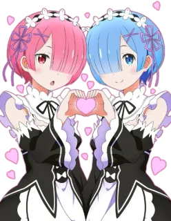 💖 Rem and Ram Re:Zero − Starting Life in Another World Anime, Song sinh, Hầu gái, ReZero, Trái tim, Dễ thương telegram sticker