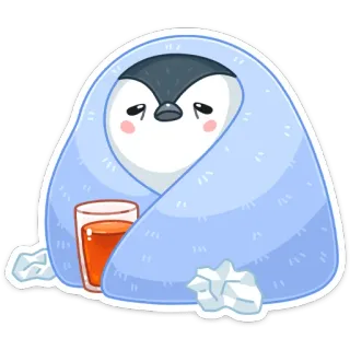🤧 пингвин, болен, простуда, одеяло, чай, салфетка, мультфильм whatsapp sticker