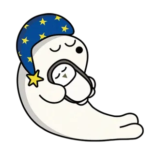 😴 foca, dormire, carino, cartone animato, animale, cuffia da notte, stelle, bebè, sonno whatsapp sticker