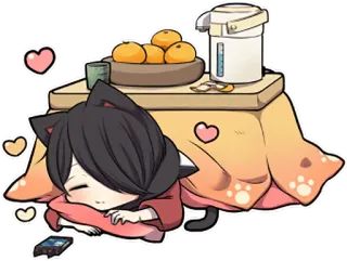 🍊 고양이 귀, 수면, 하트, 오렌지, 테이블, 일본어 telegram sticker