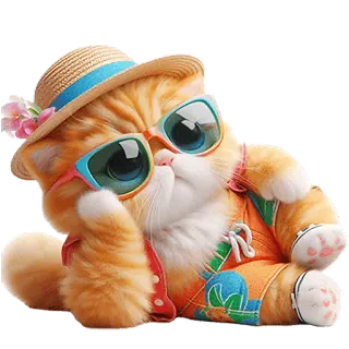 🫠 mèo, mèo con, mùa hè, kỳ nghỉ, kính râm, mũ telegram sticker