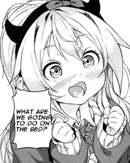 😍 WHAT ARE WE GOING TO DO ON THE BED? ragazza anime, stile manga, carino, domanda, corna whatsapp sticker