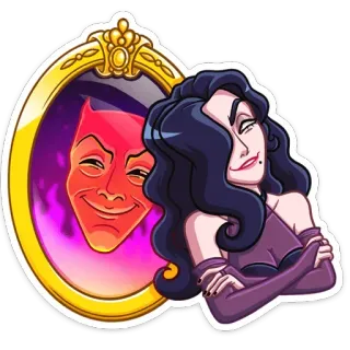 😈 iblis, jahat, wanita, cermin, kartun, penjahat, fantasi telegram sticker