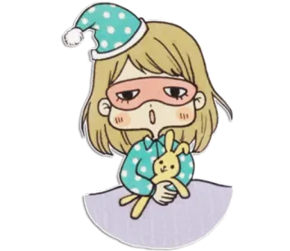 😵 schläfrig, Pyjama, Mädchen, Cartoon, Schlafmütze, Stofftier, müde, schlafend whatsapp sticker