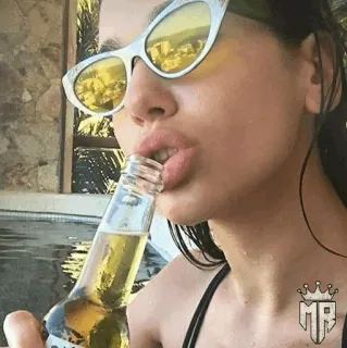 🍓 woman, beer, alcohol, sunglasses, bottle, pool, drink, relaxing telegram sticker