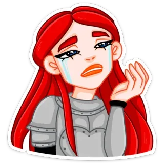 😭 chorando, desenho animado, armadura, cabelo ruivo, chateado, triste, lágrimas whatsapp sticker