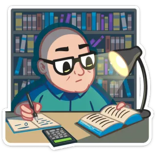 ✍ reading, library, student, desk, glasses, books, studying, education whatsapp sticker
