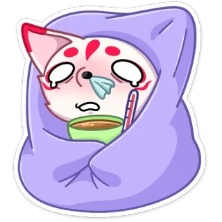 🤧 ป่วย, ไม่สบาย, ไข้, ปรอทวัดไข้, หวัด, สัตว์, ผ้าห่ม, การ์ตูน, เศร้า telegram sticker