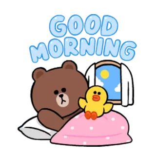 😀 GOOD MORNING buenos días, lindo, dibujos animados, oso, pato, almohada, cama, mañana whatsapp sticker