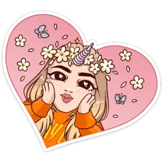 🦄 fille, licorne, fleurs, coeur, mignon, dessin animé, autocollant telegram sticker