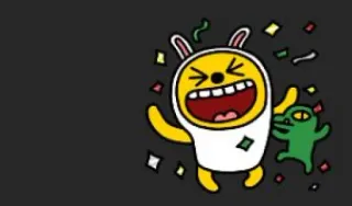 😮‍💨 fête, dessin animé, personnage, confettis, costume de lapin, jaune, vert, joyeux whatsapp sticker