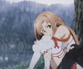 😧 Asuna Sword Art Online Anime, Dziewczyna, Smutny, Deszcz, Siedzi, Długie włosy, Kreskówka telegram sticker