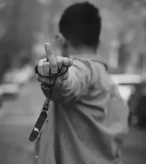 🖕 middle finger, offensive, gesture, skateboard, black and white, blurred background telegram sticker