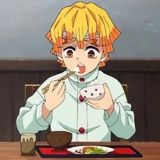 🌟 Zenitsu Agatsuma Demon Slayer anime, eating, character, food, chopsticks, rice telegram sticker