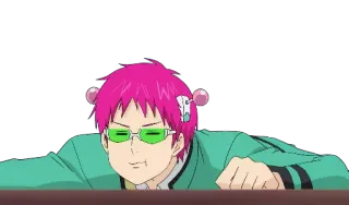 😞 Saiki The Disastrous Life of Saiki K. Аниме, Saiki K., розовые волосы, зеленые очки, телекинез, ложка telegram sticker