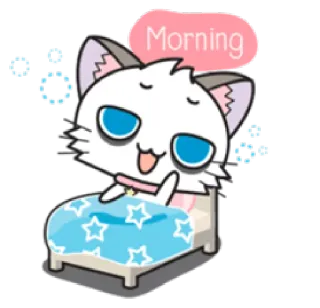 😴 Morning gato, manhã, fofo, cama, desenho animado, animal, sonolento whatsapp sticker