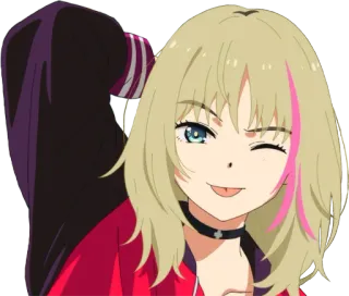 😜 anime girl, winking, blonde hair, pink streak, cute, smiling telegram sticker