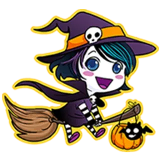 😃 sorcière, halloween, balai, dessin animé, autocollant, mignon, chibi telegram sticker