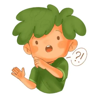 😰 -?! Kartun, Bingung, Pertanyaan, Rambut hijau, Anak laki-laki, Ekspresi whatsapp sticker