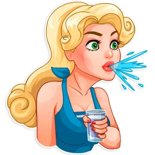 😵 woman, drinking, water, glass, cartoon, blonde, hair telegram sticker