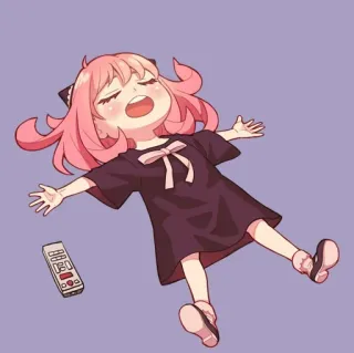 💃 Anya Forger Spy x Family Anime, Desenho animado, Fofo, Engraçado, Deitado, Controle remoto, Cabelo rosa, Relaxado whatsapp sticker