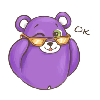 😉 OK bear, glasses, winking, purple, cartoon, ok telegram sticker
