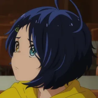🥺 Anime, Charakter, Porträt, Mädchen, blaue Haare, gelber Hoodie telegram sticker