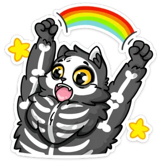 🎉 gato, esqueleto, arcoíris, lindo, pegatina, halloween, dibujo animado whatsapp sticker