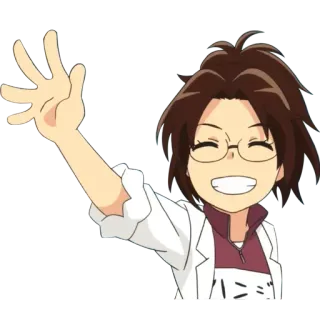 😁 อนิเมะ, การ์ตูน, เสื้อกาวน์, ยิ้ม, โบกมือ, แว่นตา, ผู้หญิง telegram sticker