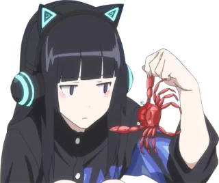 🦀 Anime, Mädchen, Krabbe, Katzenohren, Kopfhörer, Cartoon telegram sticker