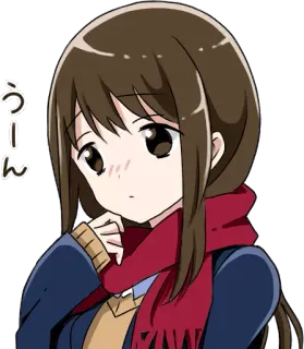 😟 うーん fille anime, cheveux bruns, écharpe rouge, mignon, dessin animé, texte japonais, illustration whatsapp sticker