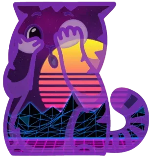 🙈 스티커, 보라색, 동물, 고양이, 레트로, 신스웨이브, 일몰, 산, 귀여운 telegram sticker