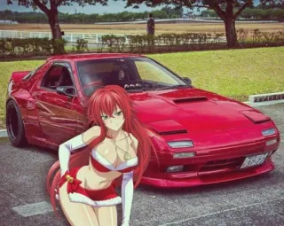 ❤️‍🔥 dziewczyna anime, rude włosy, samochód, czerwony samochód, Mazda, RX-7, JDM, anime, fanart telegram sticker