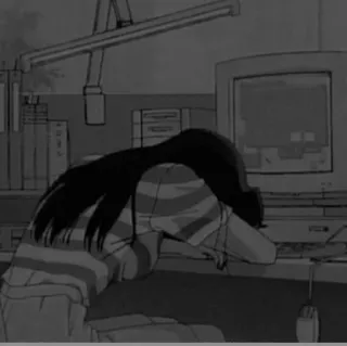 🍲 Anime, Dziewczyna, Smutna, Komputer, Zmęczona, Czarno-białe telegram sticker