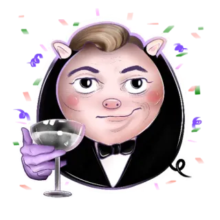 🥳 cerdo, fiesta, dibujos animados, antropomórfico, cóctel whatsapp sticker